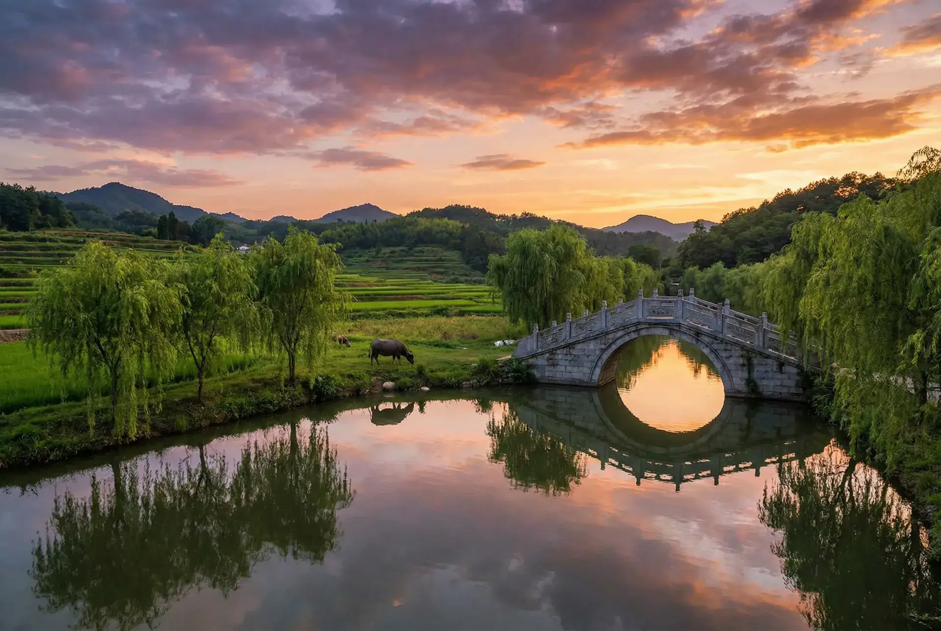 夕阳下的石拱桥与垂柳，水牛在河边吃草 - 黄瓜影院入口 乡村美景